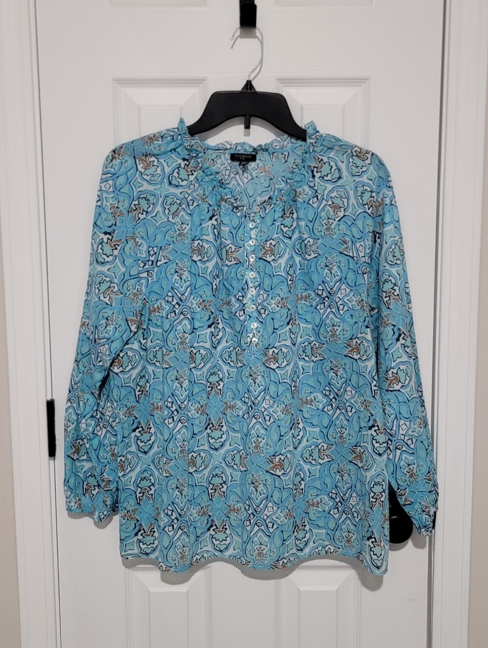 Talbots Blue and Cream Printed Long-Sleeve Peasant Blouse (Sz XL Petite)